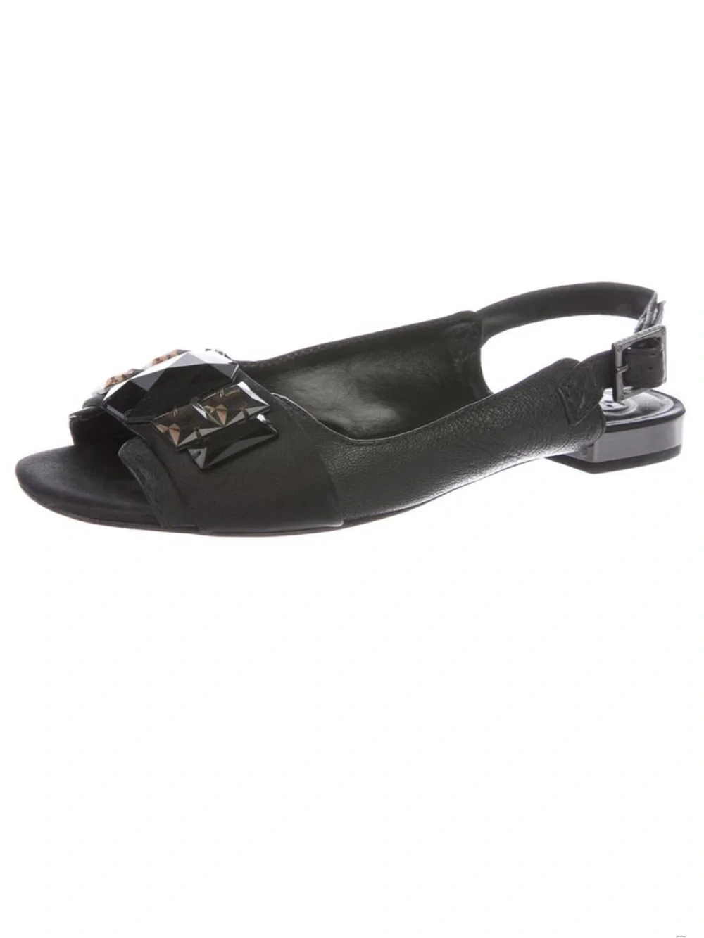 Tory Burch Black Slingback Flat Sandal with Faceted Gem Size 7.5M